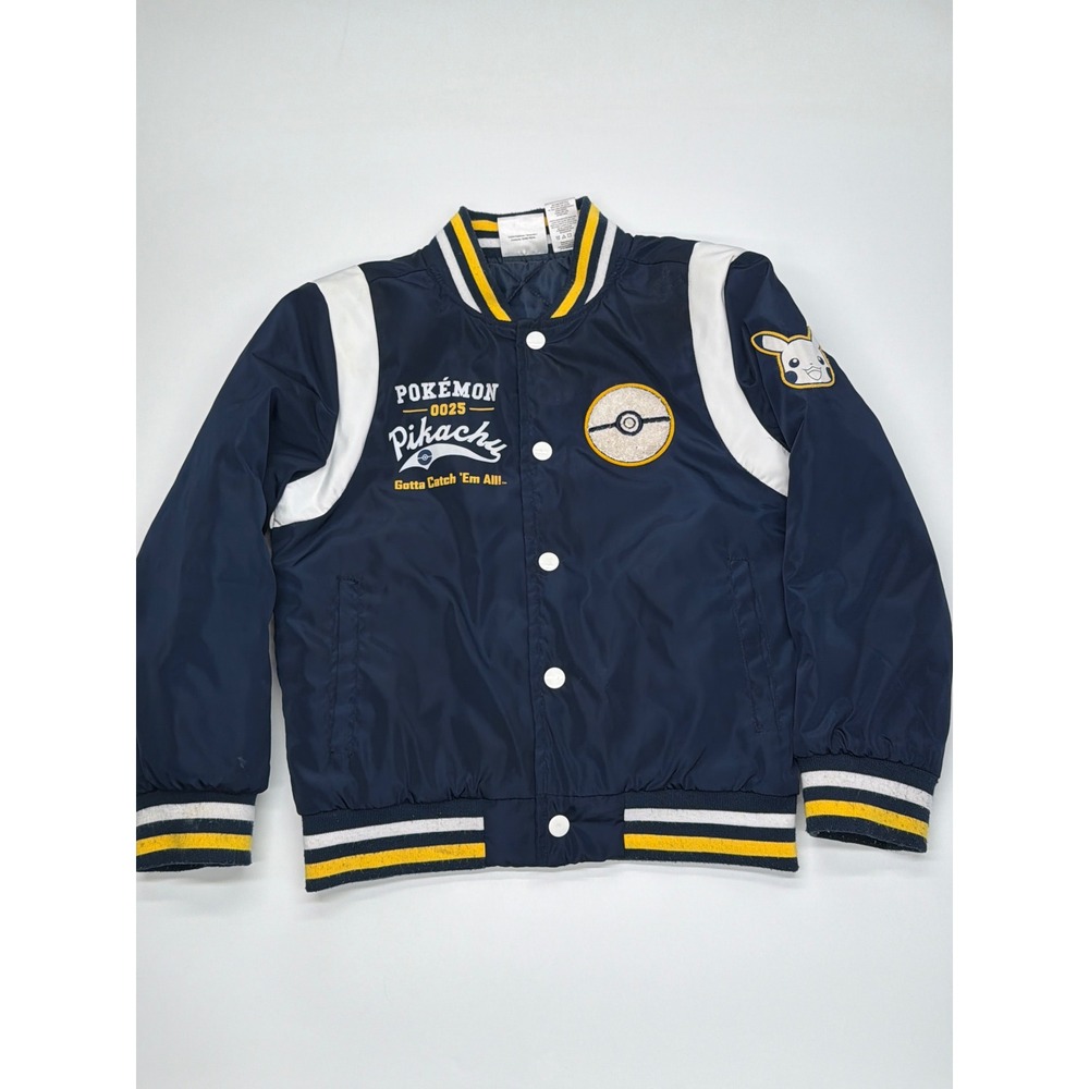 Pokemon‎ Pikachu Kids Varsity Bomber Jacket Navy Blue Snap Front Quilted Small